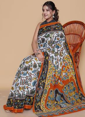 Kalamkari printed  cotton ethnic light grey saree for woman 4