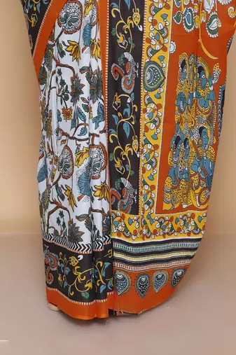 Kalamkari printed  cotton ethnic light grey saree for woman