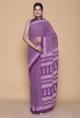 Kalamkari printed  cotton ethnic purple saree for woman 1