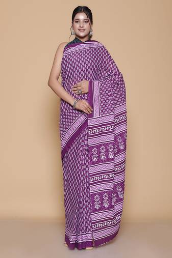 Kalamkari printed pure cotton ethnic purple saree for woman