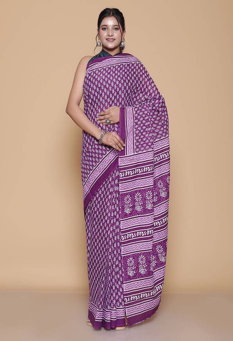 Kalamkari printed pure cotton ethnic purple saree for woman