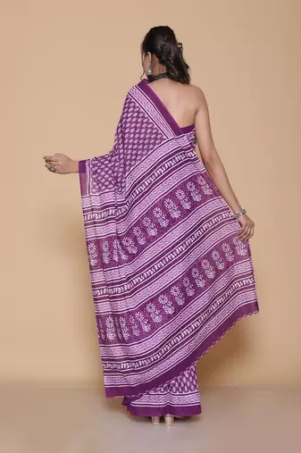Kalamkari printed  cotton ethnic purple saree for woman