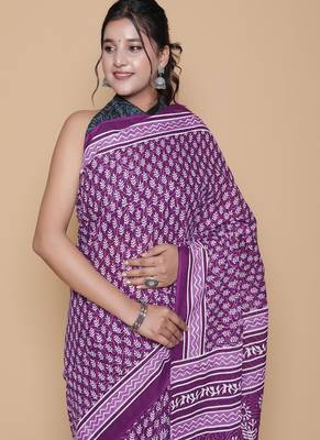 Kalamkari printed  cotton ethnic purple saree for woman 3