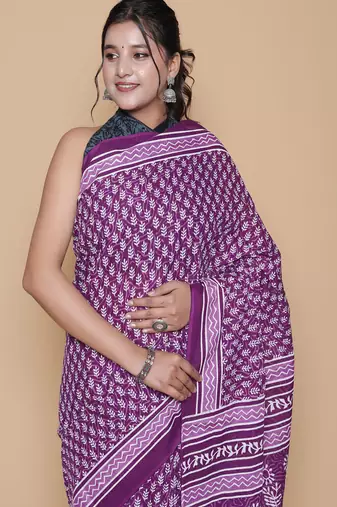 Kalamkari printed  cotton ethnic purple saree for woman