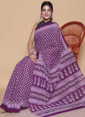 Kalamkari printed  cotton ethnic purple saree for woman 4