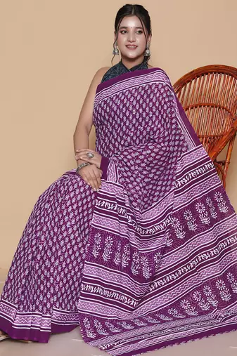 Kalamkari printed  cotton ethnic purple saree for woman