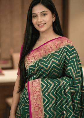 Banarasi puresilk munga saree in bottle green colour with floral zari work 5