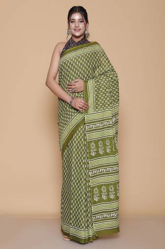 Kalamkari printed pure cotton ethnic green saree for woman