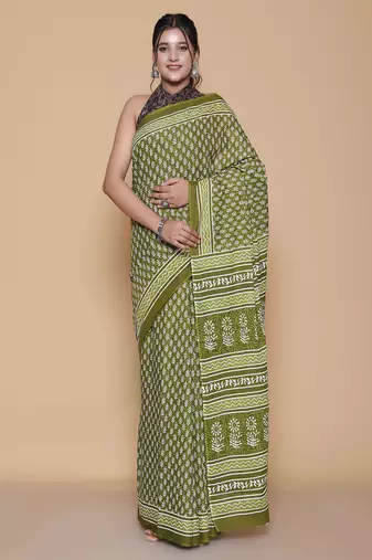 Kalamkari printed pure cotton ethnic green saree for woman
