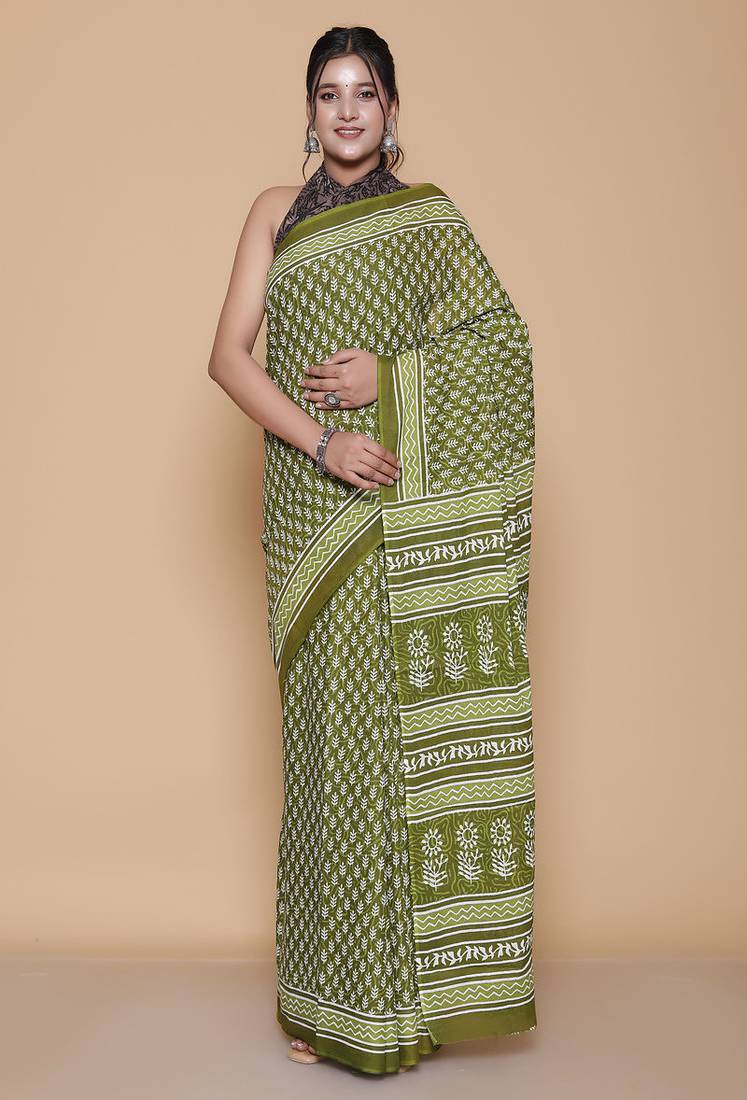Kalamkari printed pure cotton ethnic green saree for woman