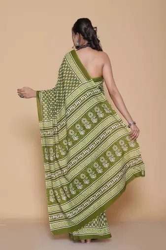 Kalamkari printed  cotton ethnic green saree for woman