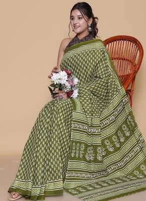 Kalamkari printed  cotton ethnic green saree for woman 4