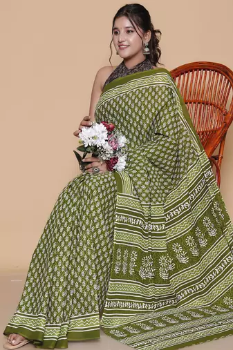 Kalamkari printed  cotton ethnic green saree for woman