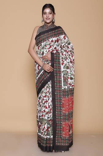 Kalamkari printed pure cotton ethnic cream saree for woman