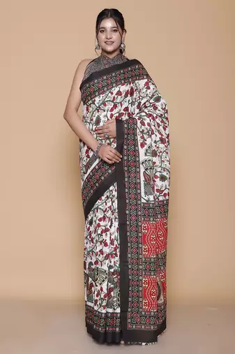 Kalamkari printed pure cotton ethnic cream saree for woman