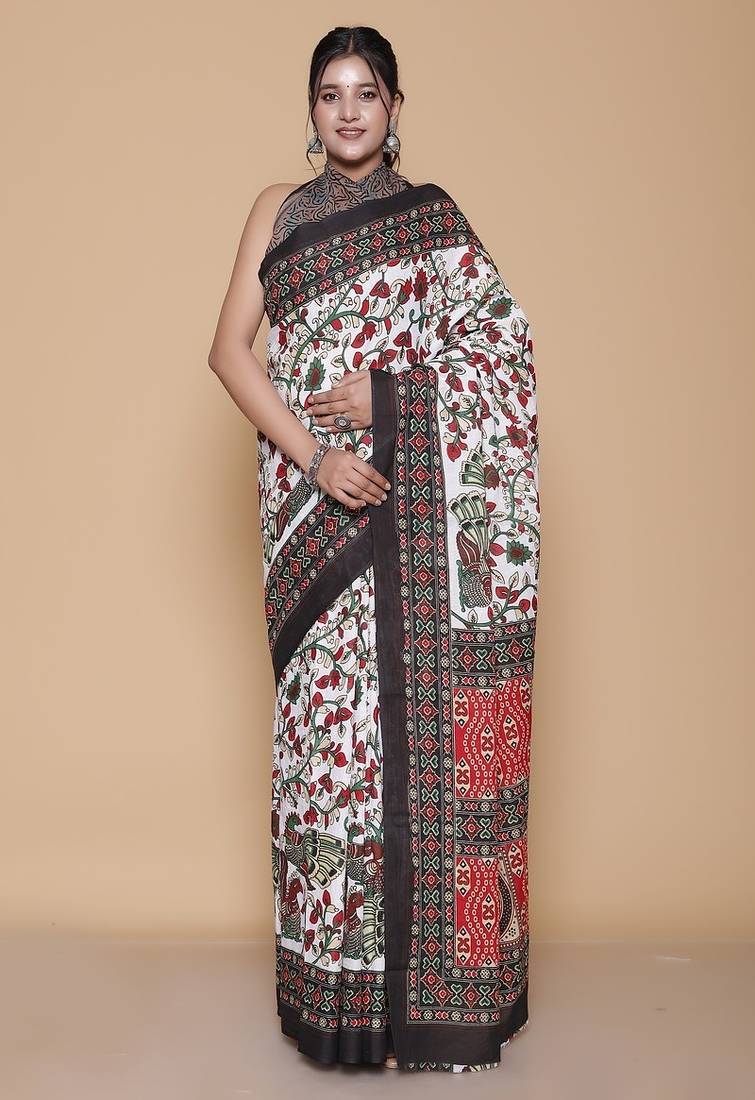 Kalamkari printed pure cotton ethnic cream saree for woman