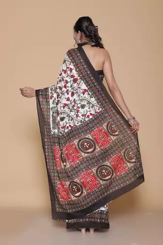 Kalamkari printed  cotton ethnic cream saree for woman