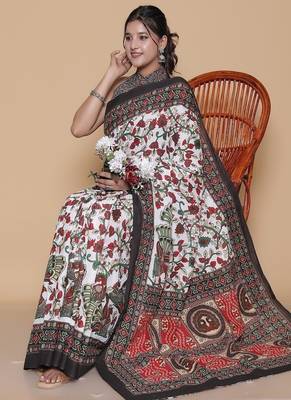 Kalamkari printed  cotton ethnic cream saree for woman 4