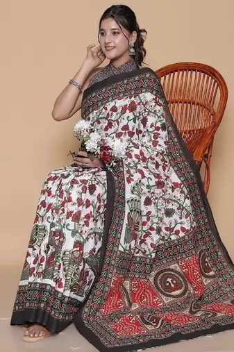 Kalamkari printed  cotton ethnic cream saree for woman