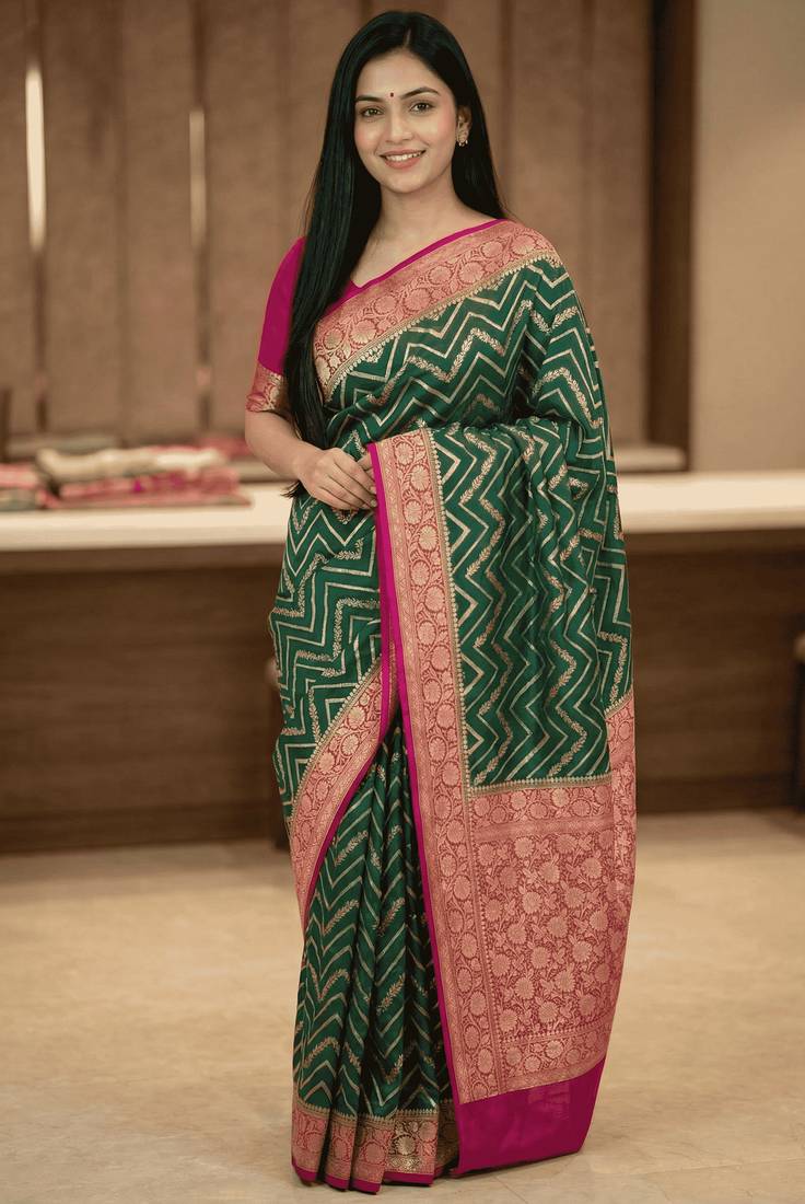 Banarasi puresilk munga saree in bottle green colour with floral zari work