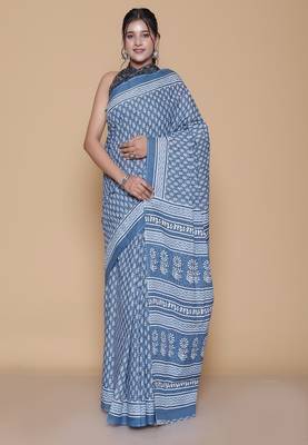 Kalamkari printed  cotton ethnic blue saree for woman 1