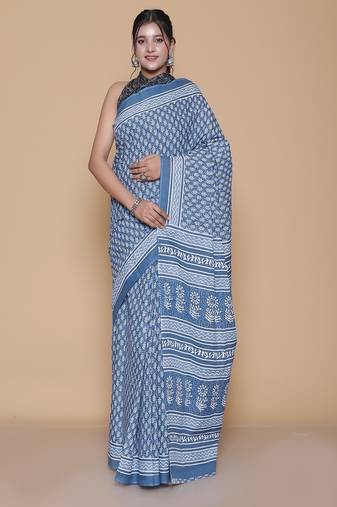 Kalamkari printed pure cotton ethnic blue saree for woman