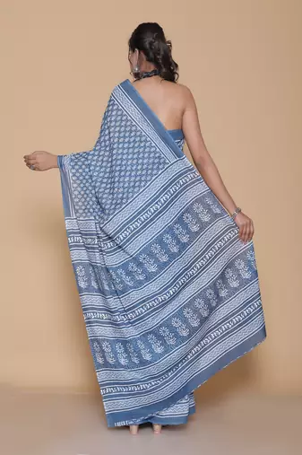 Kalamkari printed  cotton ethnic blue saree for woman