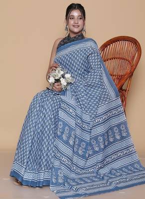 Kalamkari printed  cotton ethnic blue saree for woman 4