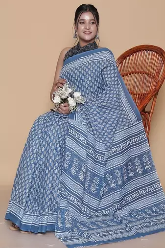 Kalamkari printed  cotton ethnic blue saree for woman