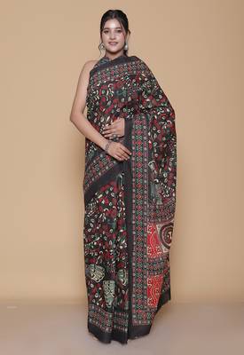 Kalamkari printed cotton ethnic black saree for woman 1
