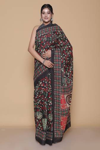 Kalamkari printed pure cotton ethnic black saree for woman