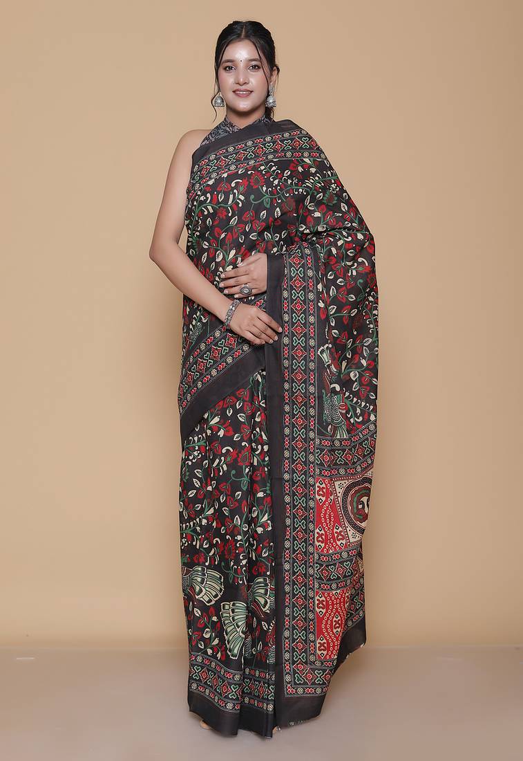 Kalamkari printed pure cotton ethnic black saree for woman