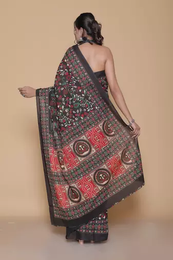 Kalamkari printed  cotton ethnic black saree for woman