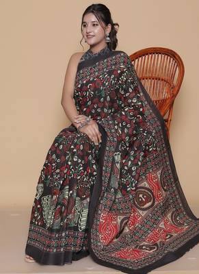 Kalamkari printed cotton ethnic black saree for woman 4