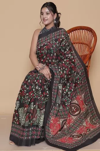 Kalamkari printed  cotton ethnic black saree for woman