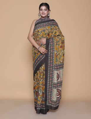 Kalamkari printed  cotton ethnic mustard saree for woman 1
