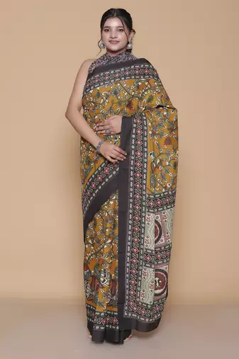 Kalamkari printed pure cotton ethnic mustard saree for woman