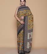 Kalamkari printed pure cotton ethnic mustard saree for woman