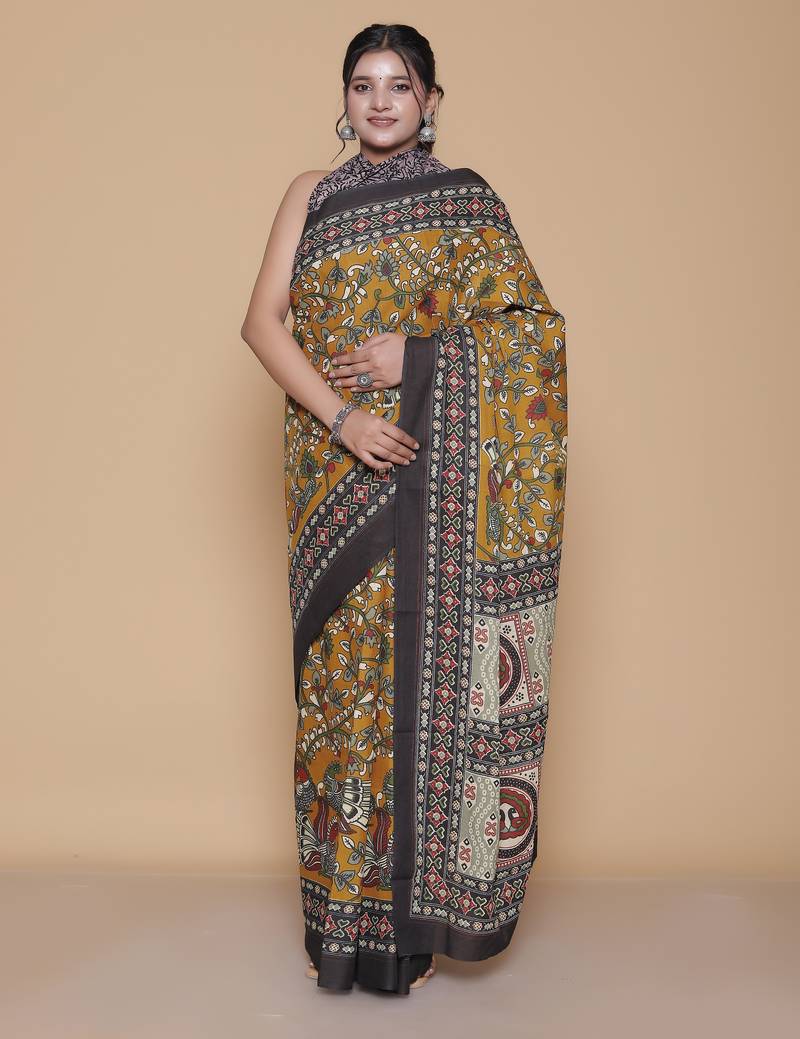 Kalamkari printed pure cotton ethnic mustard saree for woman