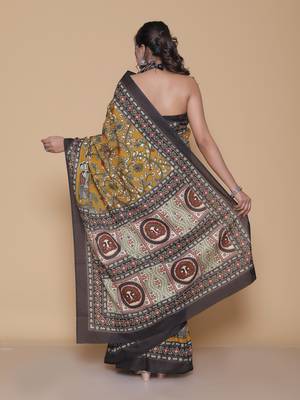 Kalamkari printed  cotton ethnic mustard saree for woman 2