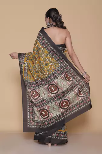 Kalamkari printed  cotton ethnic mustard saree for woman
