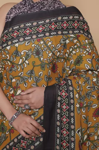 Kalamkari printed  cotton ethnic mustard saree for woman