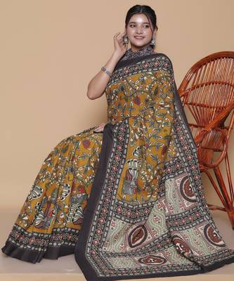 Kalamkari printed  cotton ethnic mustard saree for woman 4