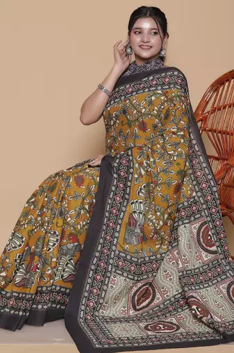 Kalamkari printed  cotton ethnic mustard saree for woman