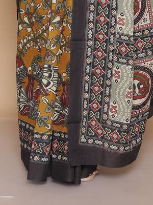 Kalamkari printed  cotton ethnic mustard saree for woman 5