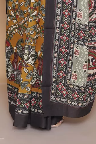 Kalamkari printed  cotton ethnic mustard saree for woman