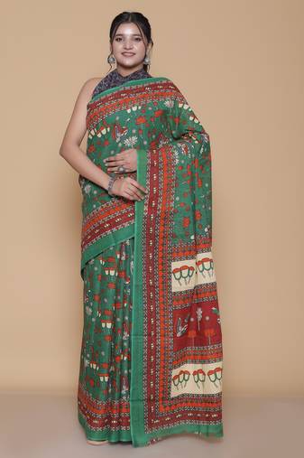 Kalamkari printed pure cotton ethnic green saree for woman