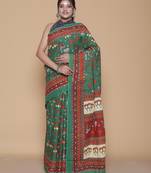 Kalamkari printed pure cotton ethnic green saree for woman