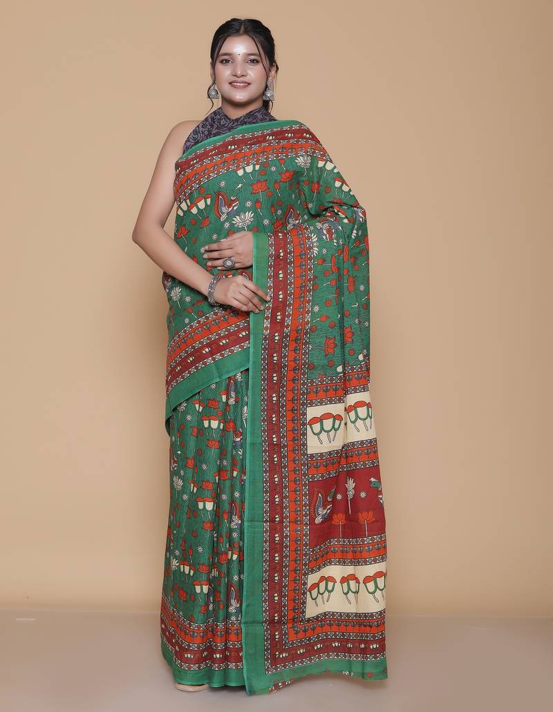 Kalamkari printed pure cotton ethnic green saree for woman