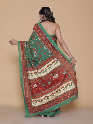 Kalamkari printed  cotton ethnic green saree for woman 2